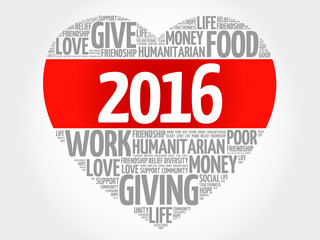 2016 Donate, Humanitarian word cloud, heart concept