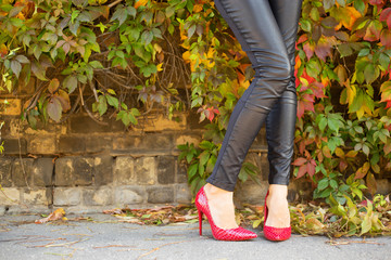 Woman ir red high heels standing next to brick wall 