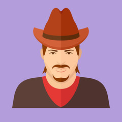Cowboy character. Man face flat icon.