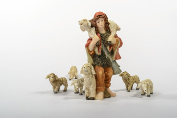 Shepherd with his sheep / Shepherd with his sheep, element of the Christmas nativity. White...