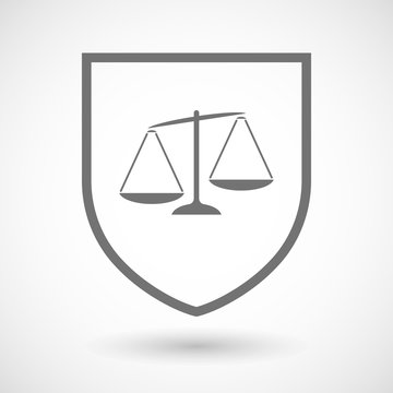recommend clip art: Line art shield icon with  an unbalanced weight scale