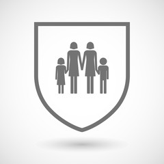 Line art shield icon with a lesbian parents family pictogram
