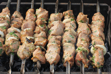 Shish kebab on hot grill