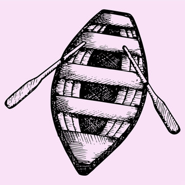 recommend clip art: Wooden boat with paddles, doodle style, sketch illustration