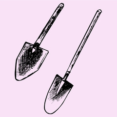 set of garden spades, shovel, doodle style, sketch illustration