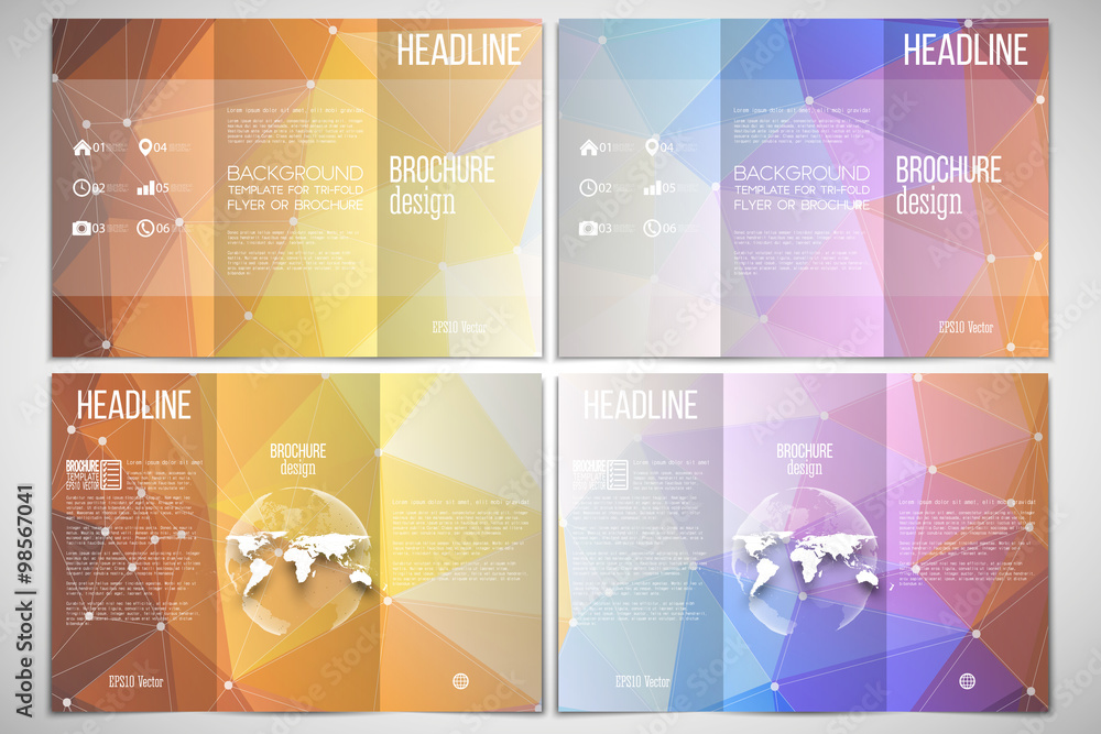 Poster vector set of tri-fold brochure design template on both sides with world globe element. abstract mul