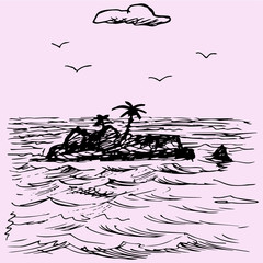 Island in the ocean, doodle style, sketch illustration