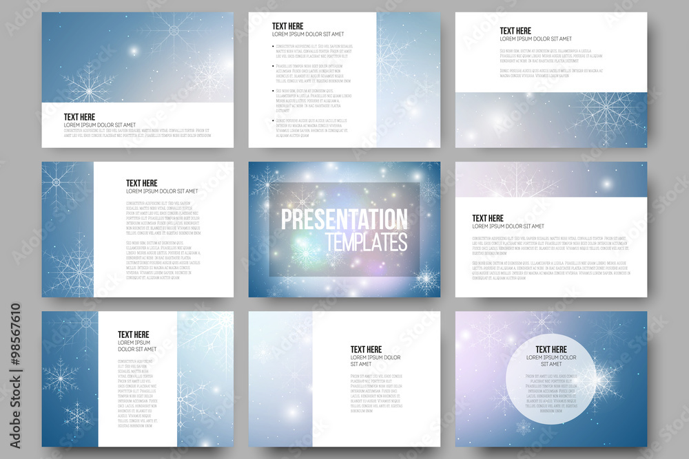 Aufkleber set of 9 templates for presentation slides. blue abstract winter background. christmas vector style 