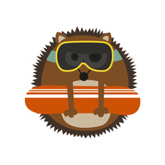 Hedgehog with snowboard and goggles. Vector design.