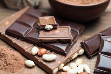 black and milk chocolate, nuts, cocoa