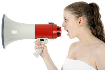 Frau schreit Sonderangebot, Sale, SSV und WSV in Megafon 
