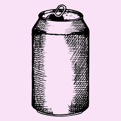 opened aluminum can for beer, carbonated drink, doodle style, 