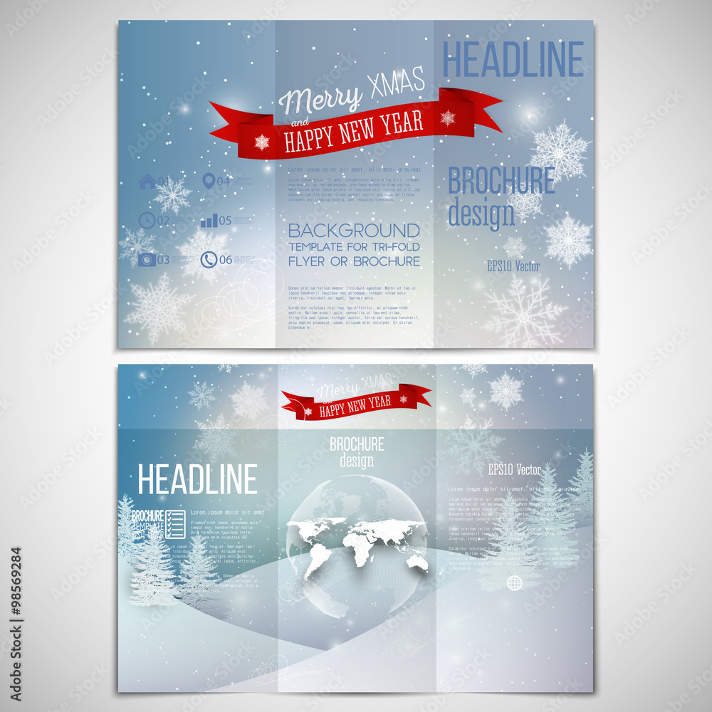 Poster vector set of tri-fold brochure design template on both sides with world globe element. merry christ