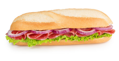 salami and onion sandwich isolated on white