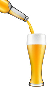 Beer Pouring From Bottle Into Glass. Photo-realistic Vector Illustration.