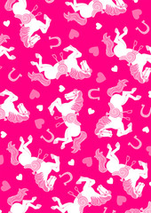Pink horses galloping with hearts background
