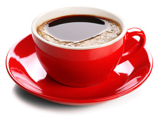 A red cup of tasty coffee, isolated on white