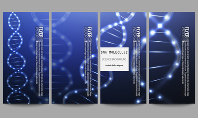 Set of modern flyers. DNA molecule structure on dark blue background. Science vector background