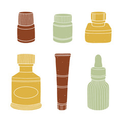 Set of bottled art materials for drawing on the white background. Hand drawn vector illustrations of art supplies