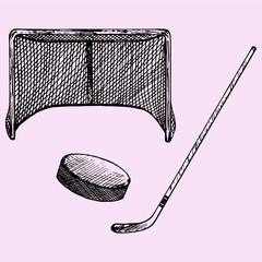 set of ice hockey elements: hockey stick, hockey goal and puck, doodle style, sketch illustration, hand drawn, vector