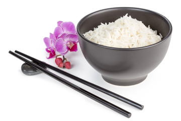 bowl of basmati rice, chopsticks and orchid flower