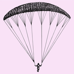 Paragliding, parachute, extreme sport, doodle style, sketch illustration, hand drawn, vector