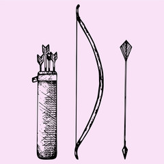set of bow and arrow, doodle style, sketch illustration, hand drawn, vector