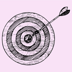 Arrow hitting the center of target, doodle style, sketch illustration, hand drawn, vector