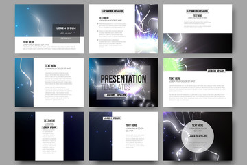 Set of 9 templates for presentation slides. Electric lighting effect. Magic vector background with lightning