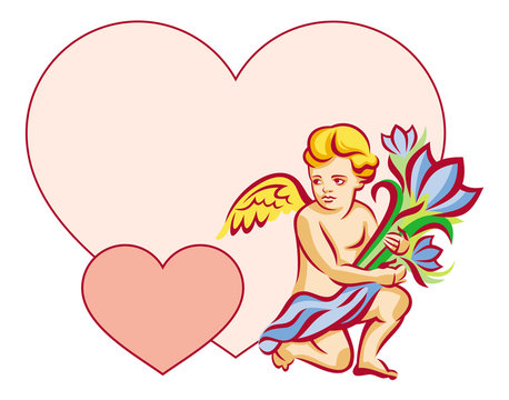 Color elegant frame in shape of  heart with angel with flowers