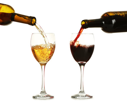 Different Wine Pouring In Glasses, Isolated On White