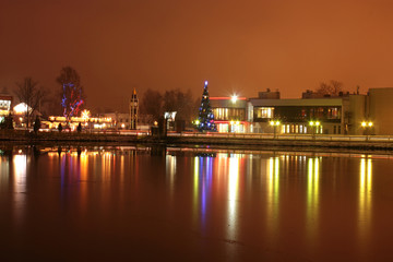 Christmas tree on lake embankment at night