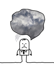 depressed cartoon man thinking about cloudy weather