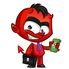 Diablo con cartera de negocios y varios billetes en una mano