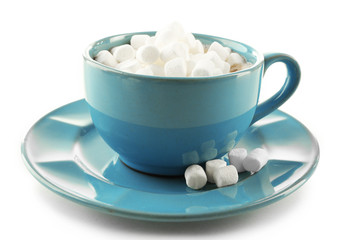 Fototapeta na wymiar Mug of hot chocolate with marshmallows, isolated on white