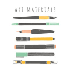 Set of art materials for drawing. Hand drawn art supplies on the white background