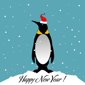 Solitary penguin with a red cap standing alone in the cold winter. New Year postcard concept
