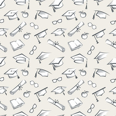 seamless background of graduation caps and other educational icons