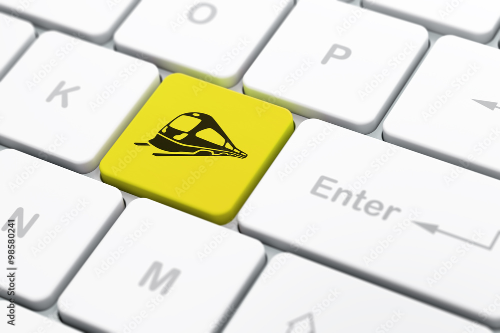 Poster travel concept: train on computer keyboard background