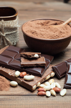 black and milk chocolate, nuts, cocoa