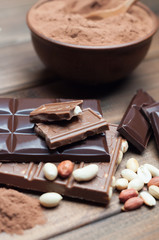 black and milk chocolate, nuts, cocoa