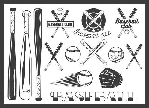 Vector set of baseball club emblem, label, badges, logo and design elements. Sport icons in vintage style. Baseball bat, ball, glove