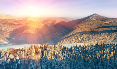 Beautiful panoramic landscape in the winter mountains at sunny day.