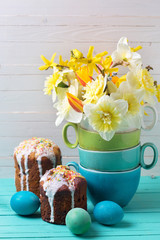 Easter cakes,  eggs and flowers.