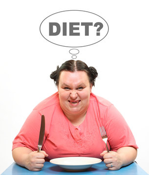 Hungry obese woman and empty plate with comic bubble over head. Picture on slimming theme.