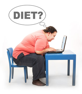 Overweight woman finding new diet online on her laptop. Picture with comic bubble for your text.