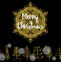 Christmas card with Stylish gold Merry Christmas seamless pattern with different tree, snowflake. vector