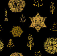 Stylish gold Merry Christmas seamless pattern with different tree, snowflake. Seamless pattern can be used for wallpapers, pattern fills, web page backgrounds, wrapping paper