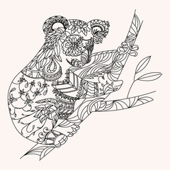 Zentangle patterned koala bear sitting on eucalyptus. EPS10 vector illustration