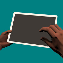 Rendered illustration of hands and a blank tablet with two layers